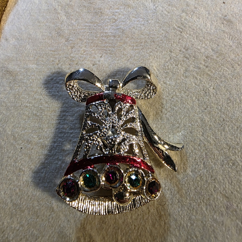 Goldtone and Red Bell Brooch with Rhinestone Accents
